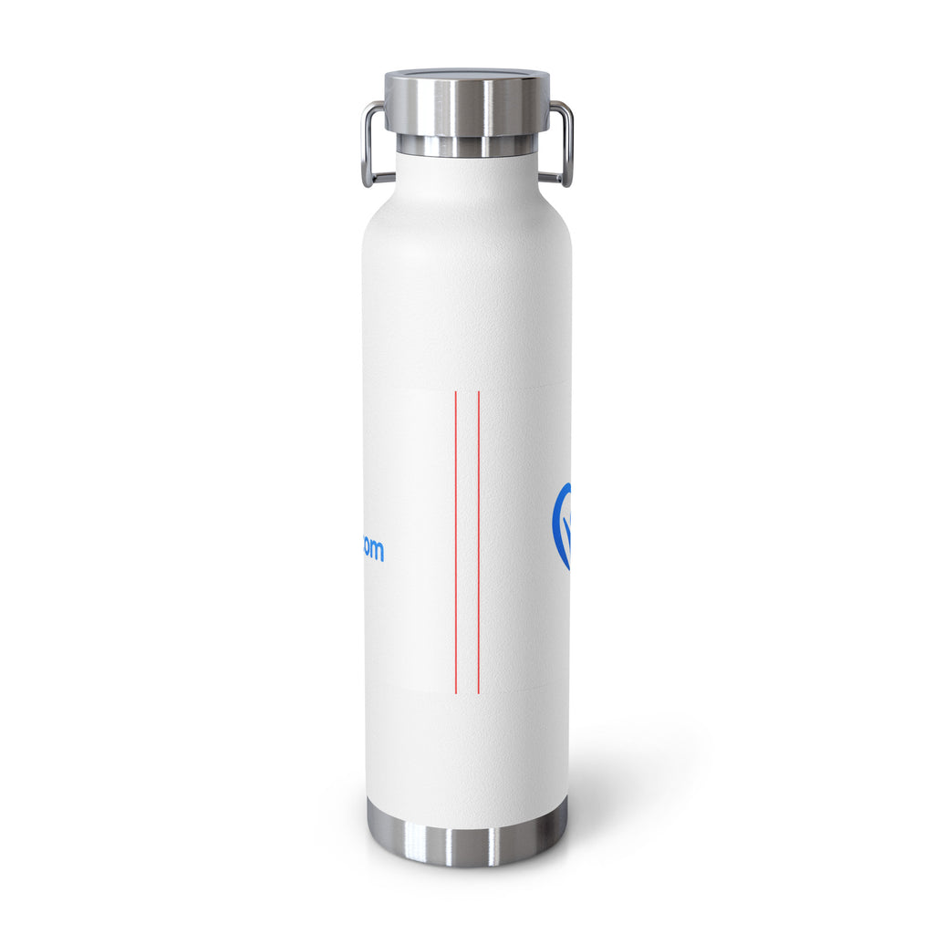 A white insulated water bottle with a stainless steel lid and base, featuring the blue and green 'Volunteer.com' logo printed on the front, set against a plain white background.