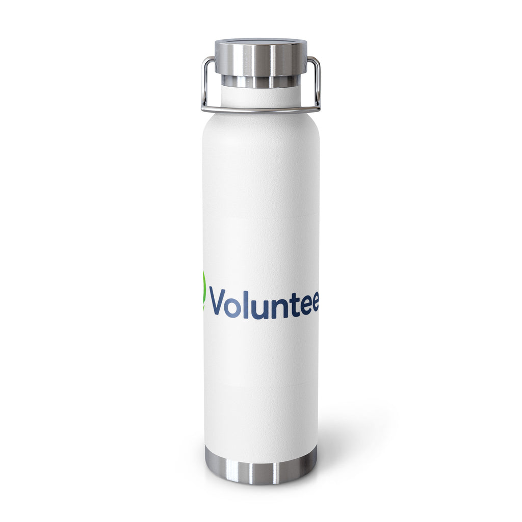 A white insulated water bottle with a stainless steel lid and base, featuring the blue and green 'Volunteer.com' logo printed on the front, set against a plain white background.