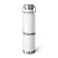 A white insulated water bottle with a stainless steel lid and base, featuring the blue and green 'Volunteer.com' logo printed on the front, set against a plain white background.