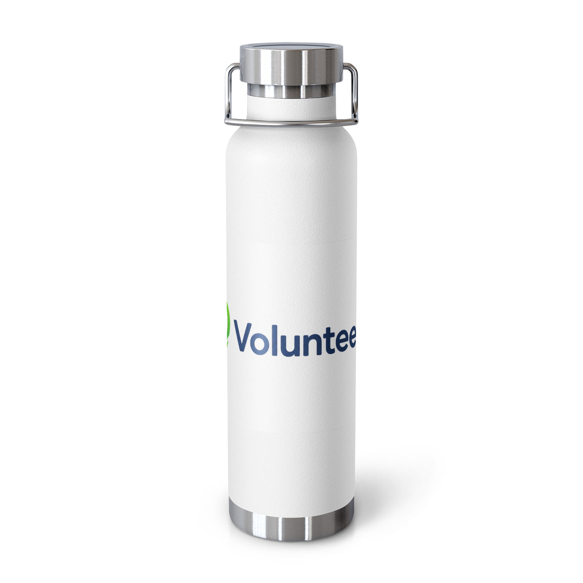 A white insulated water bottle with a stainless steel lid and base, featuring the blue and green 'Volunteer.com' logo printed on the front, set against a plain white background.