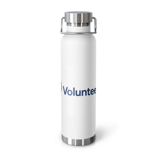 A white insulated water bottle with a stainless steel lid and base, featuring the blue and green 'Volunteer.com' logo printed on the front, set against a plain white background.