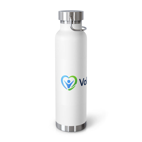 A white insulated water bottle with a stainless steel lid and base, featuring the blue and green 'Volunteer.com' logo printed on the front, set against a plain white background.