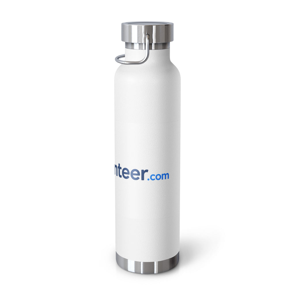 A white insulated water bottle with a stainless steel lid and base, featuring the blue and green 'Volunteer.com' logo printed on the front, set against a plain white background.