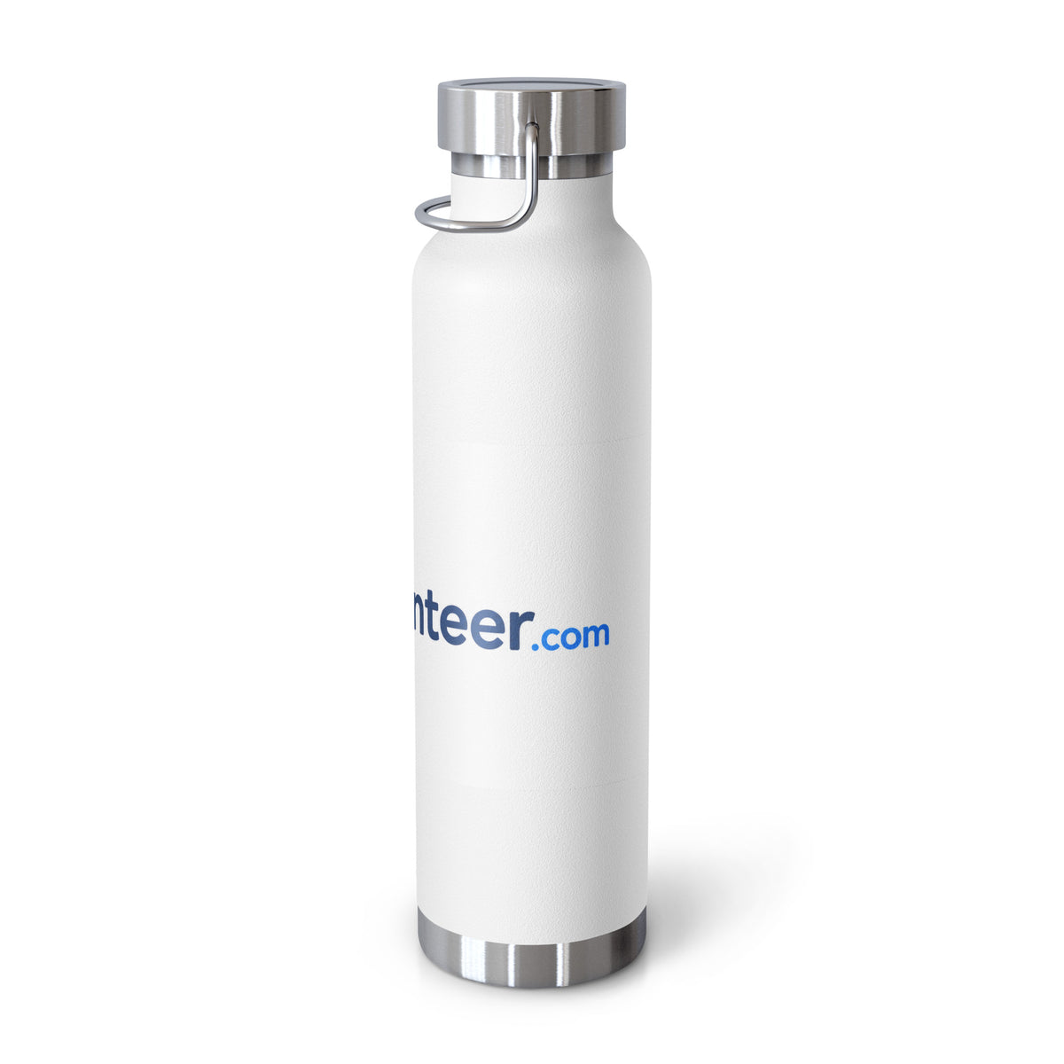 A white insulated water bottle with a stainless steel lid and base, featuring the blue and green 'Volunteer.com' logo printed on the front, set against a plain white background.