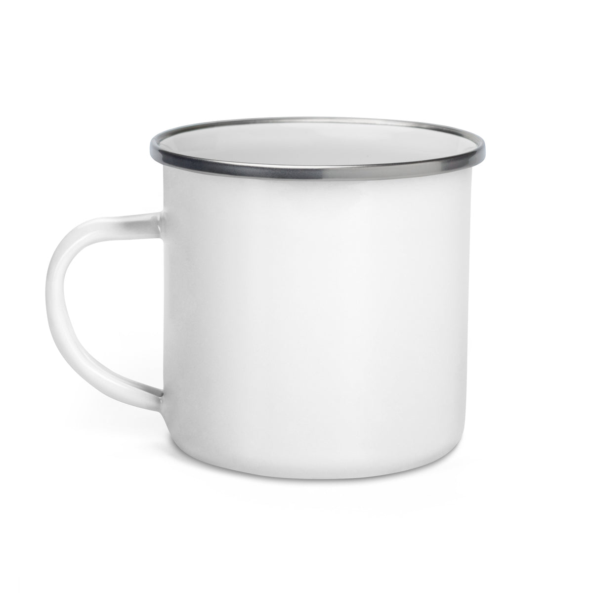 The back of a white enamel camp-style mug with a silver metal rim and handle, featuring printed logos for Donate.com and Volunteer on the front.