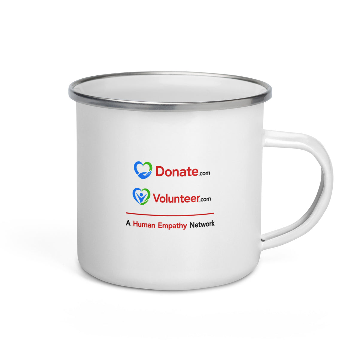 A white enamel camp-style mug with a silver metal rim and handle, featuring printed logos for Donate.com and Volunteer.
