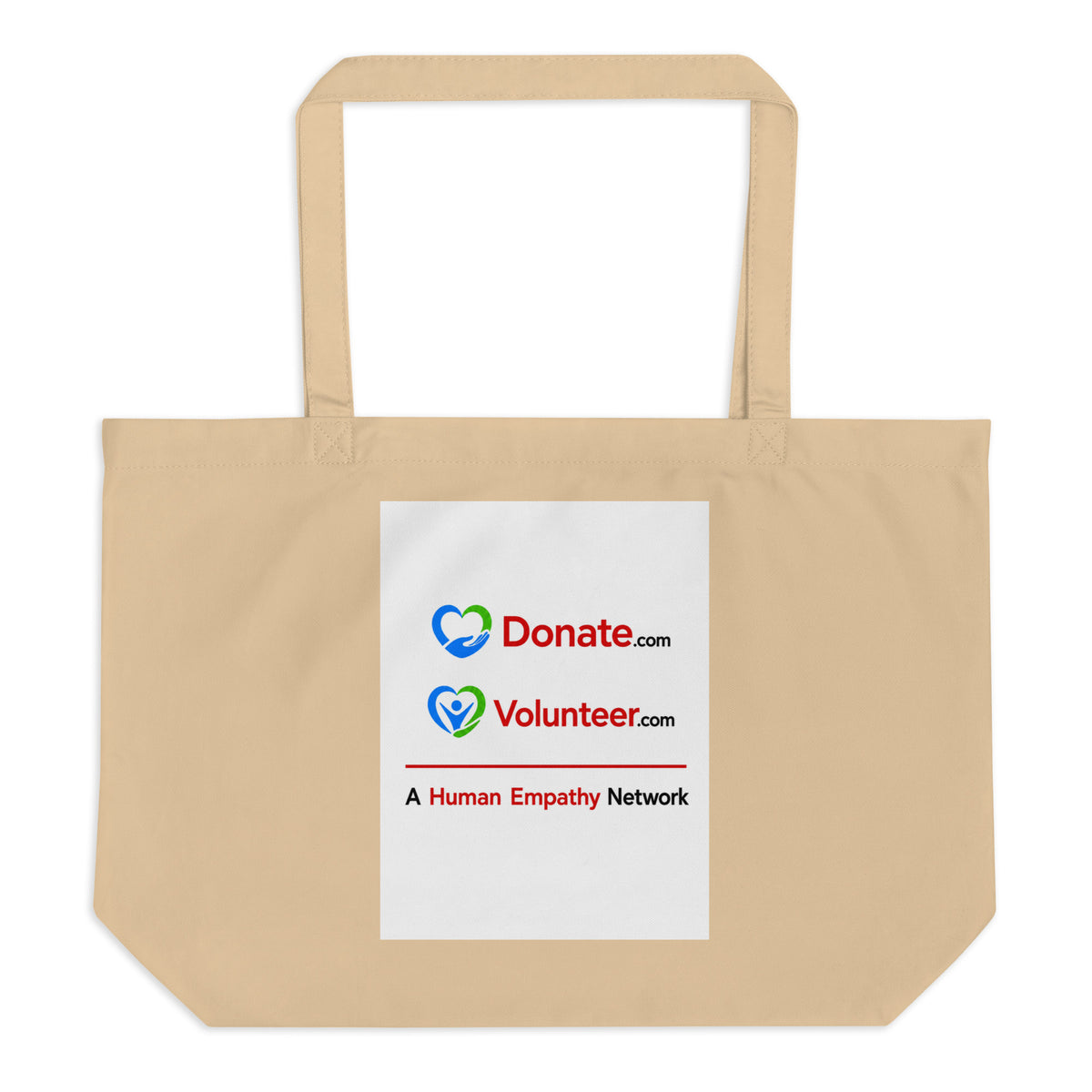 An oyster colored canvas tote bag with two shoulder straps, featuring a white rectangular printed panel on the front with the Donate.com and Volunteer.com logos and A Human Empathy Network description