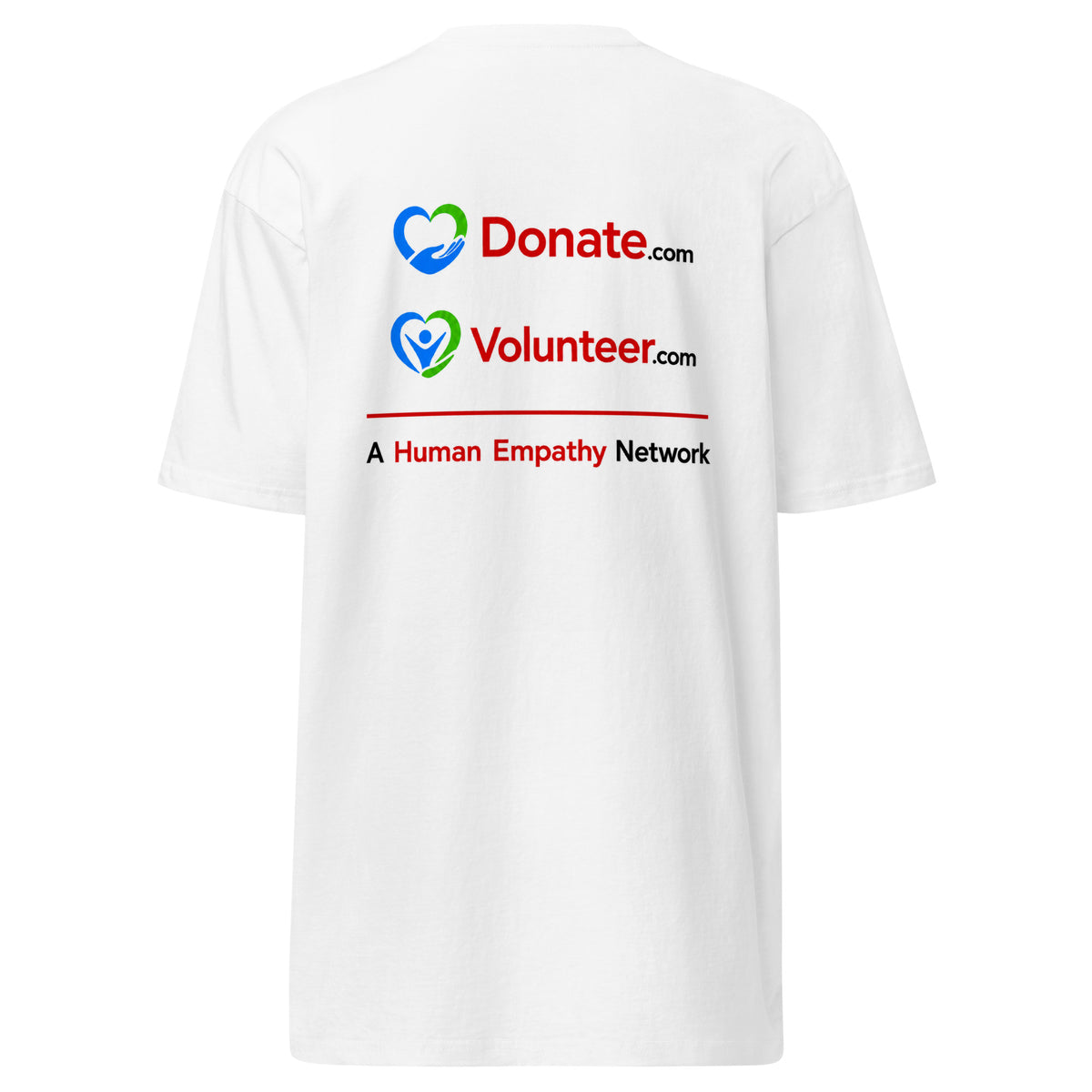 White short-sleeve T-shirt shown from the back, featuring printed logos and text for Donate.com and Volunteer - A Human Empathy Network