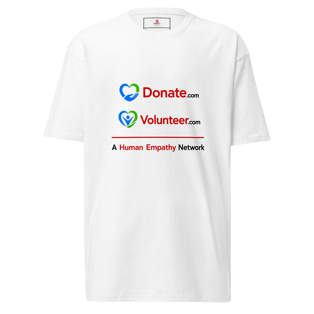 White short-sleeve T-shirt shown from the front, featuring printed logos and text for Donate.com and Volunteer - A Human Empathy Network
