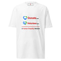 White short-sleeve T-shirt shown from the front, featuring printed logos and text for Donate.com and Volunteer - A Human Empathy Network