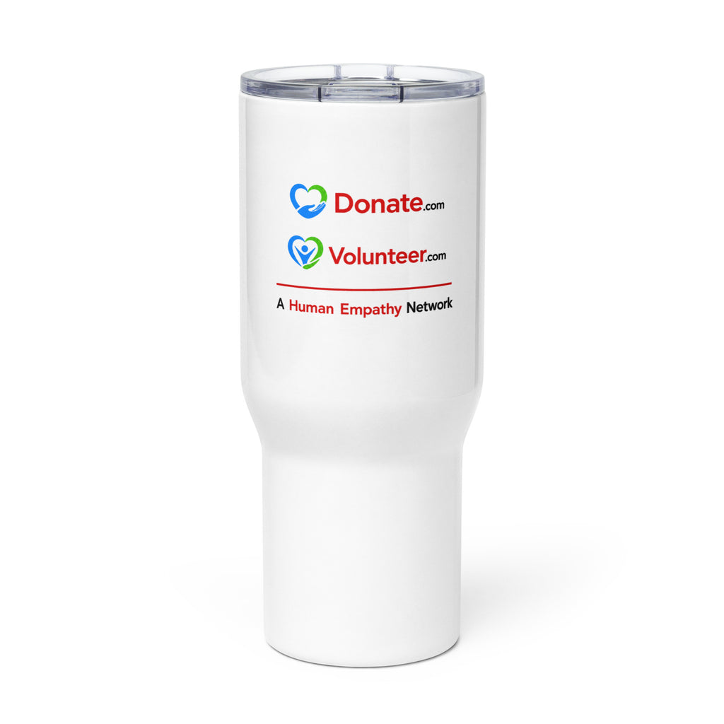 A white insulated travel tumbler with a clear lid, featuring printed logos for Donate.com and Volunteer - A Human Empathy Network
