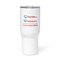 A white insulated travel tumbler with a clear lid, featuring printed logos for Donate.com and Volunteer - A Human Empathy Network