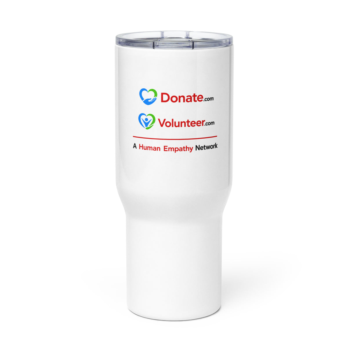 A white insulated travel tumbler with a clear lid, featuring printed logos for Donate.com and Volunteer - A Human Empathy Network