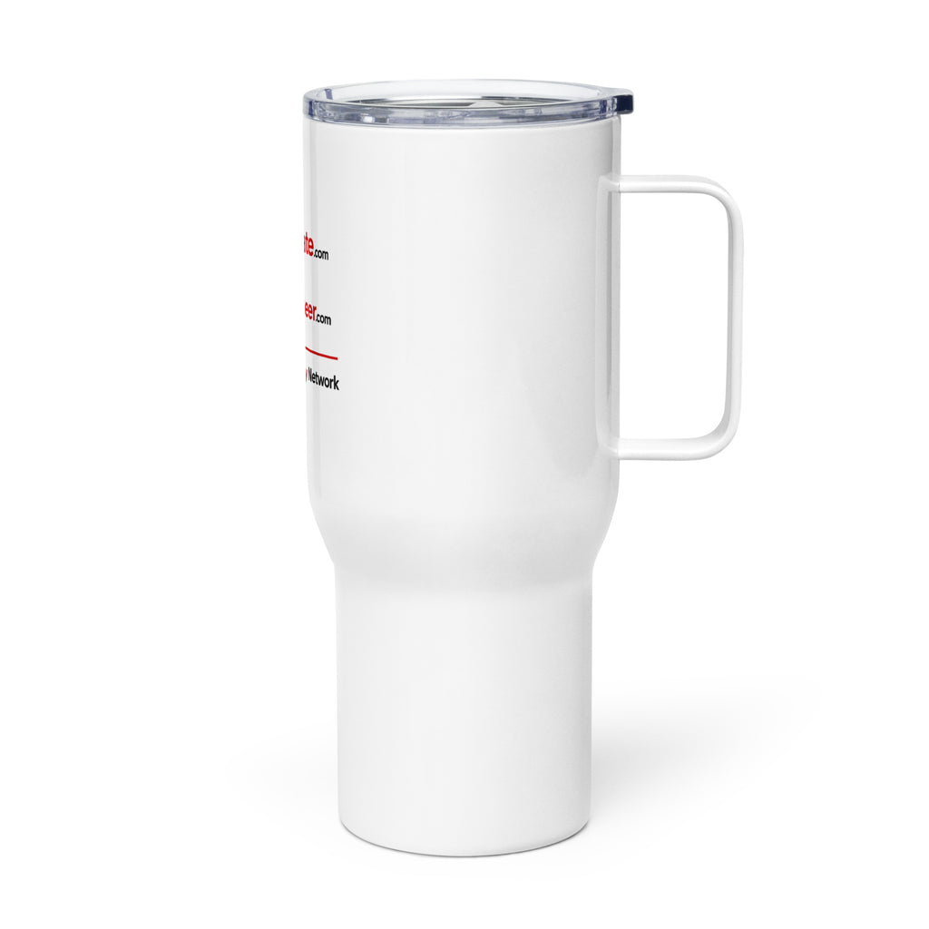 A white insulated travel tumbler with a clear lid, featuring printed logos for Donate.com and Volunteer - A Human Empathy Network