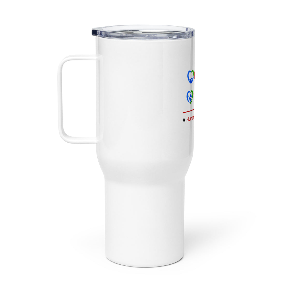 A white insulated travel tumbler with a clear lid, featuring printed logos for Donate.com and Volunteer - A Human Empathy Network
