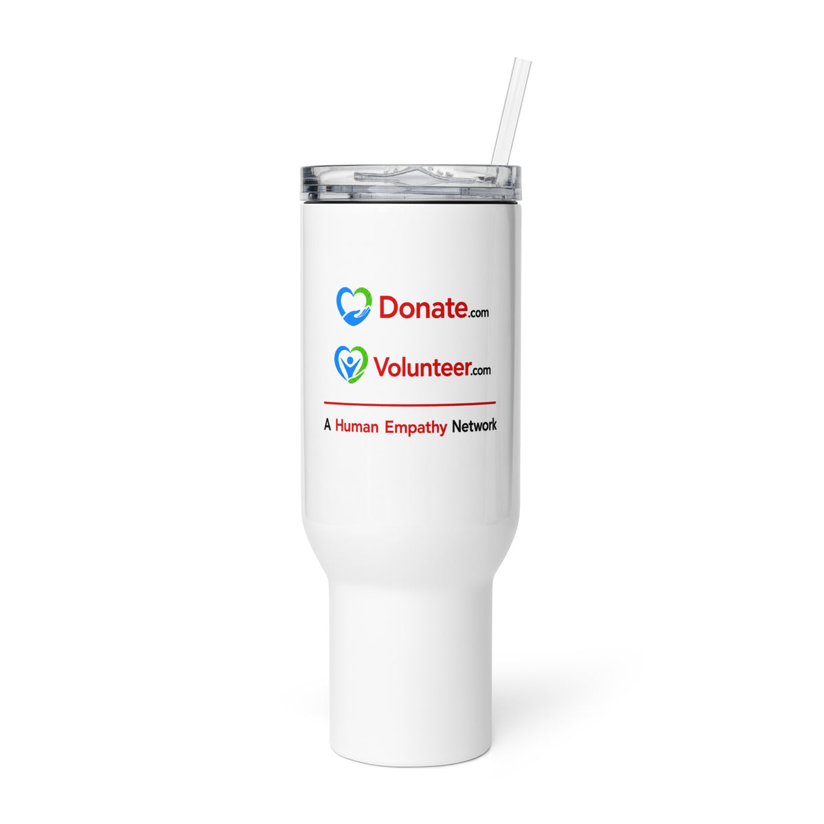 A white insulated travel tumbler with a clear lid, featuring printed logos for Donate.com and Volunteer - A Human Empathy Network