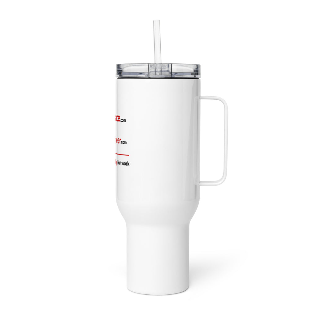 A white insulated travel tumbler with a clear lid, featuring printed logos for Donate.com and Volunteer - A Human Empathy Network