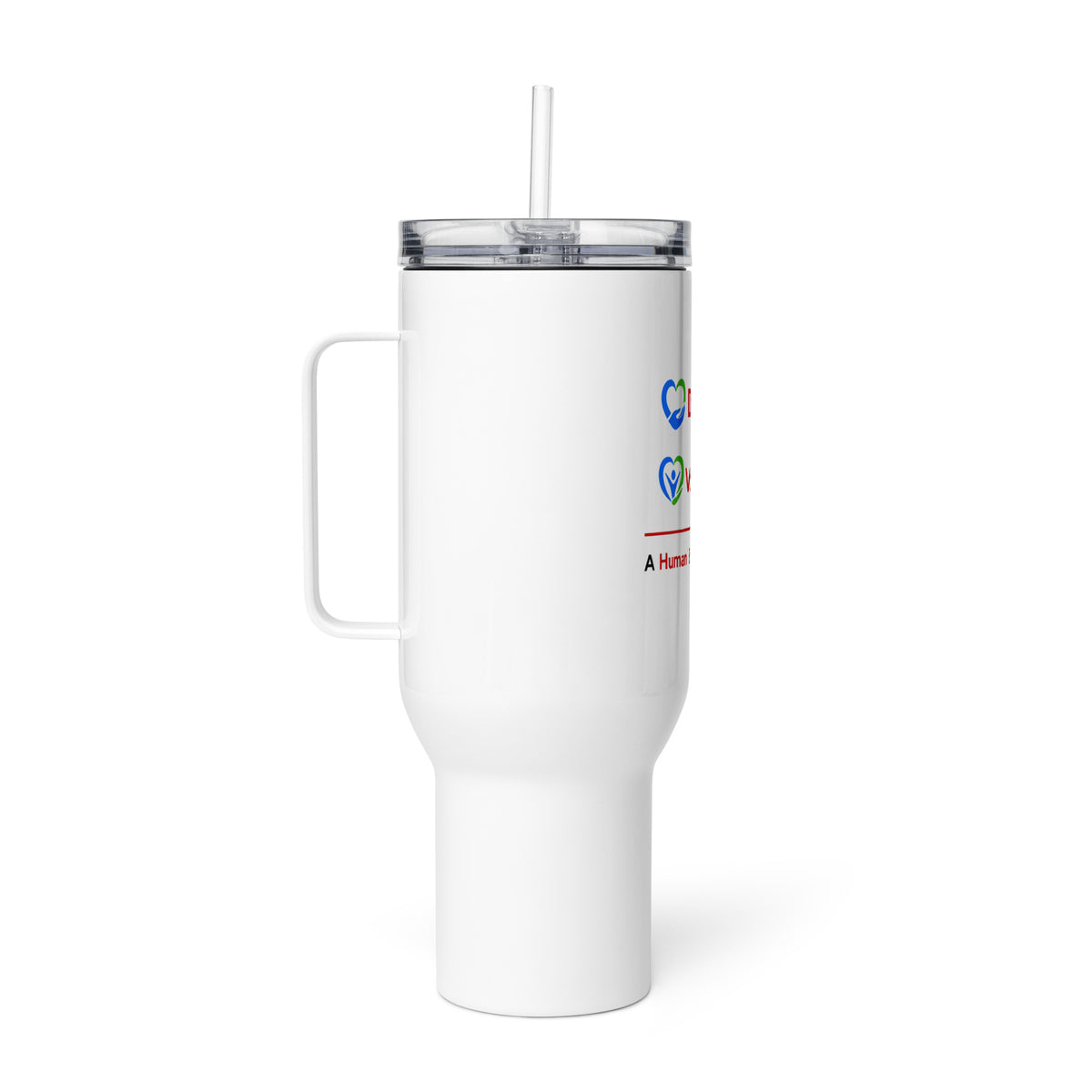 A white insulated travel tumbler with a clear lid, featuring printed logos for Donate.com and Volunteer - A Human Empathy Network