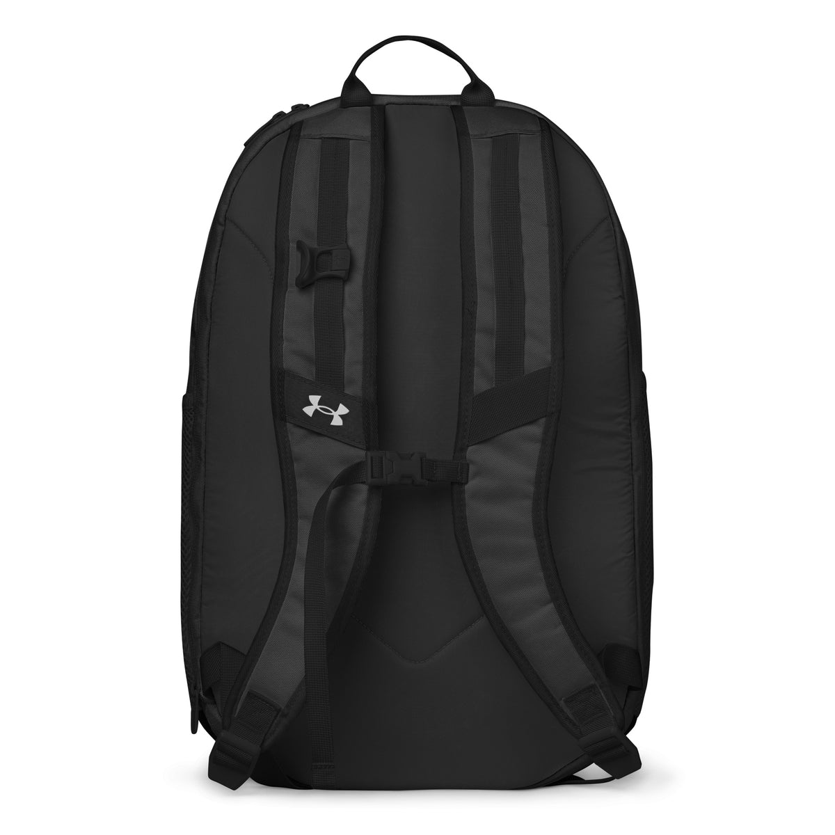 Back side - Black Under Armour backpack with an embroidered Volunteer.com logo on the front side