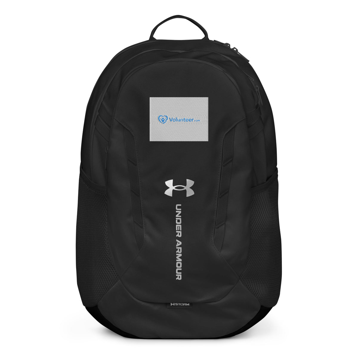 Black Under Armour backpack with an embroidered Volunteer.com logo on a white background