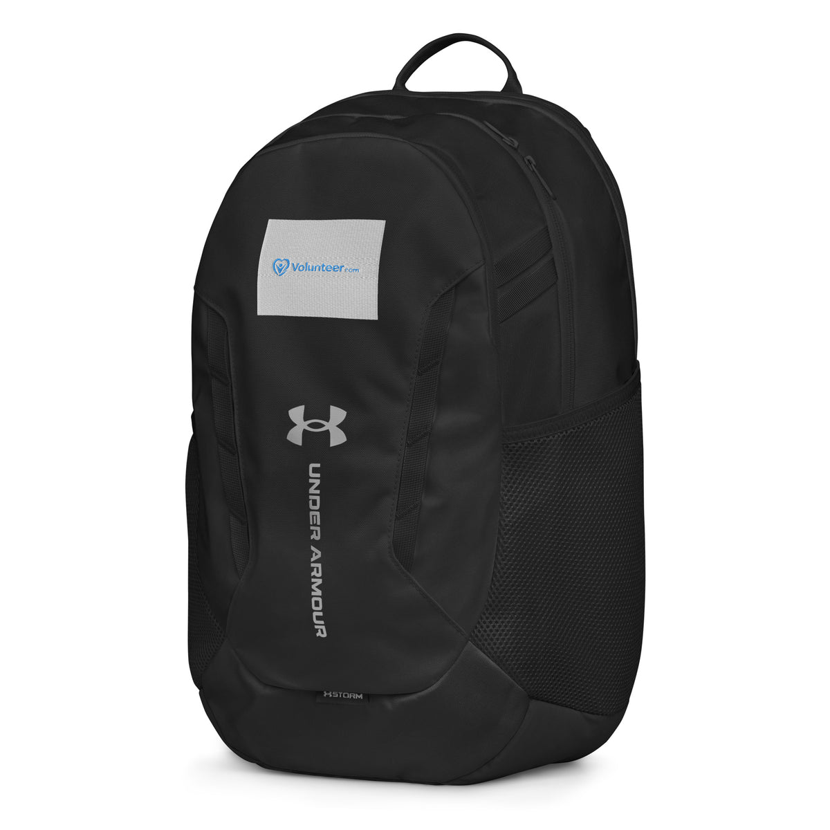 Black Under Armour backpack with an embroidered Volunteer.com logo on a white background