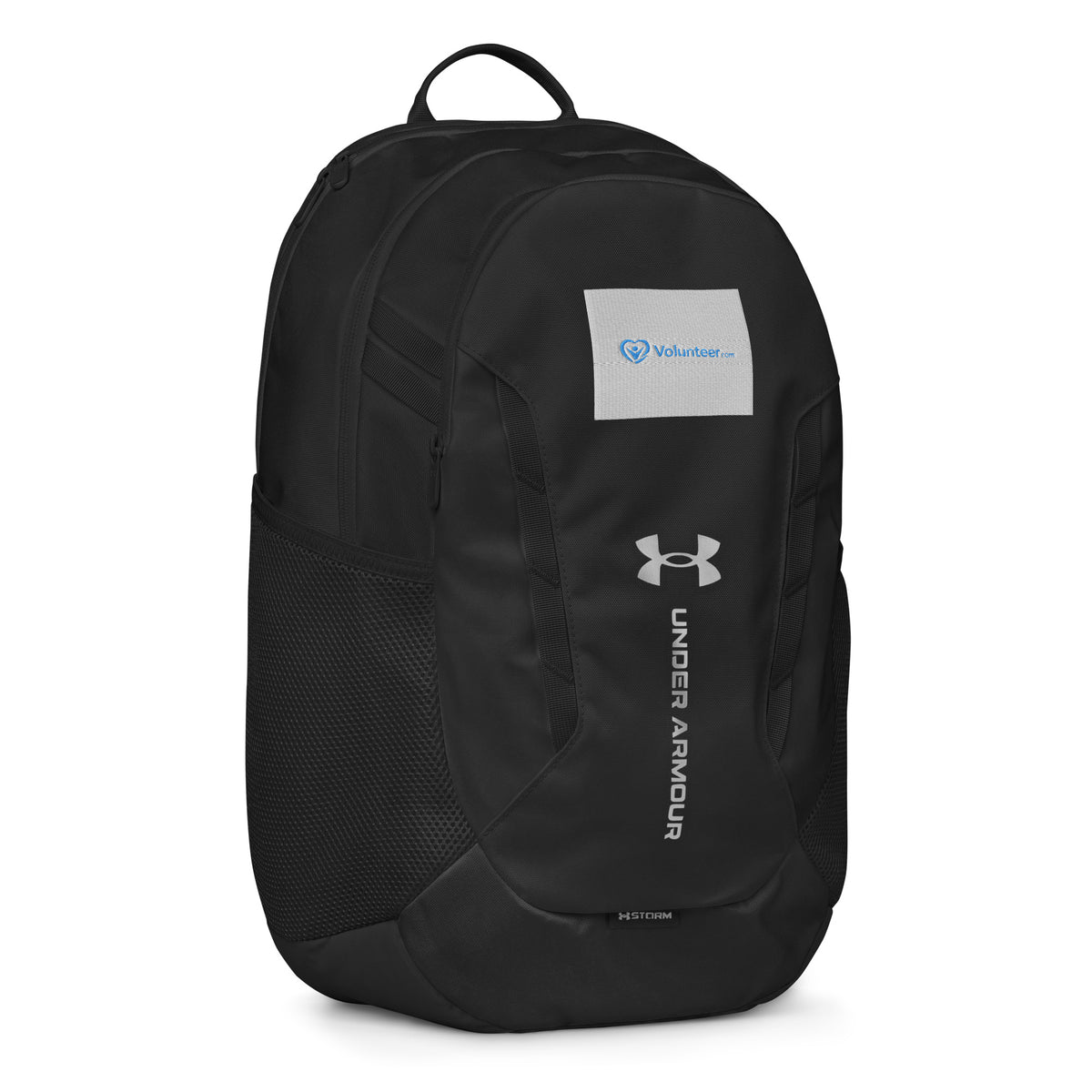 Black Under Armour backpack with an embroidered Volunteer.com logo on a white background