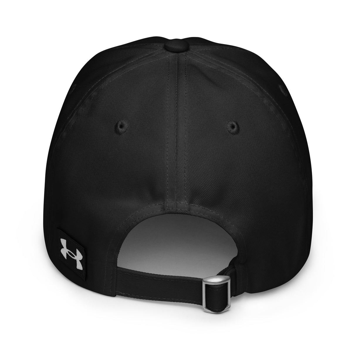 Black cap with a brand logo on the back against a white background