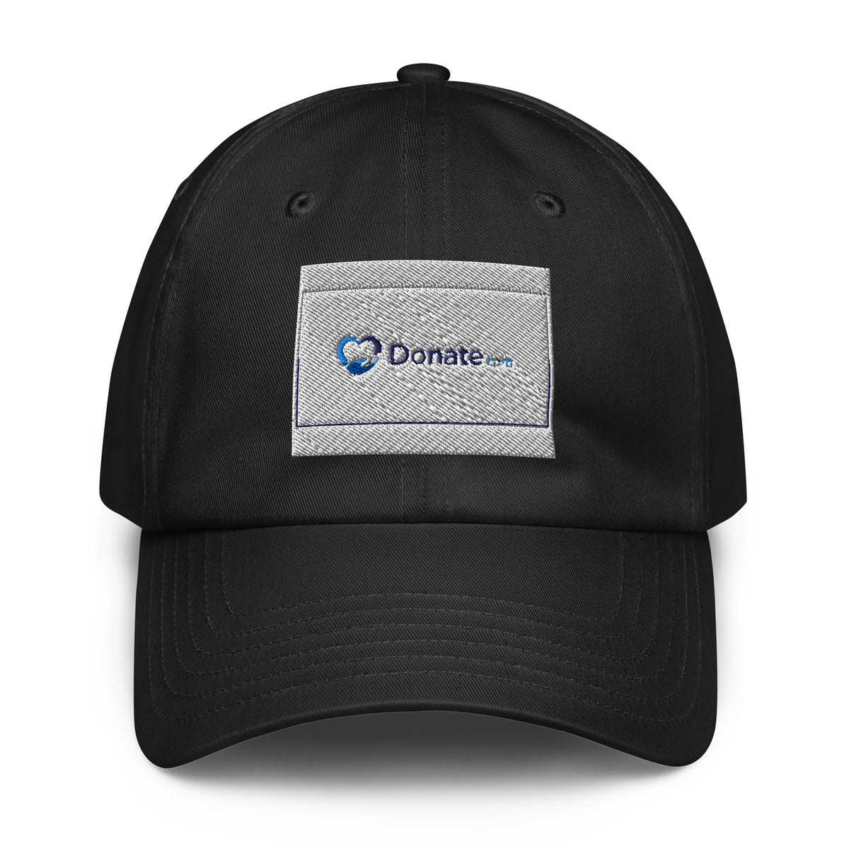 A black baseball cap with an embroidered patch on the front featuring the blue and white 'Donate.com' logo