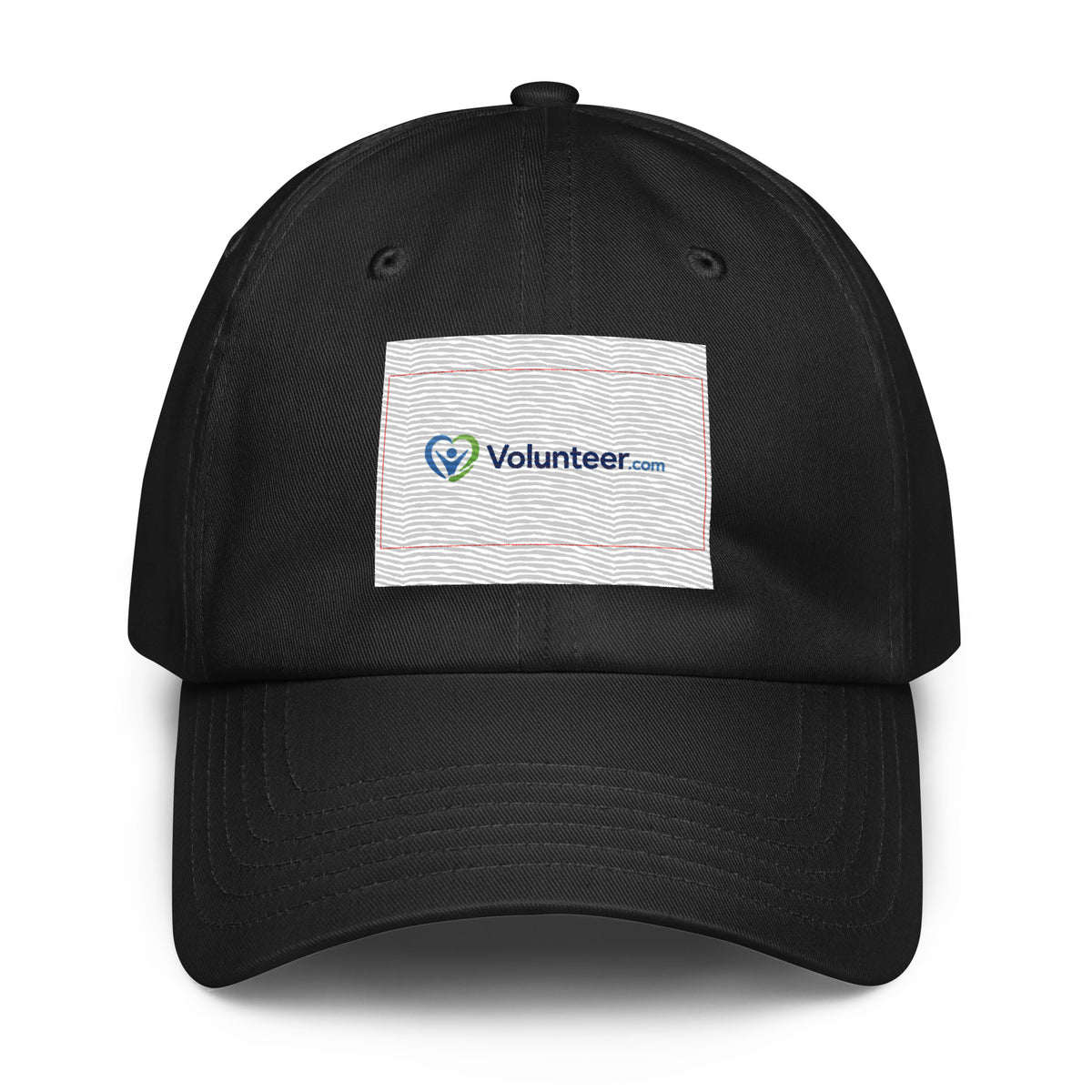 A black baseball cap with a rectangular white patch on the front featuring the Volunteer.com logo, shown against a plain white background.