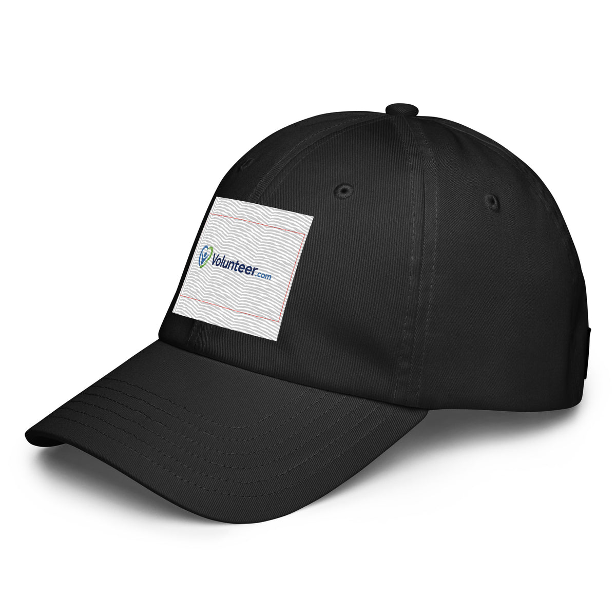 A black baseball cap with a white rectangular patch on the front featuring the blue and green Volunteer.com logo, shown on a clean white background.