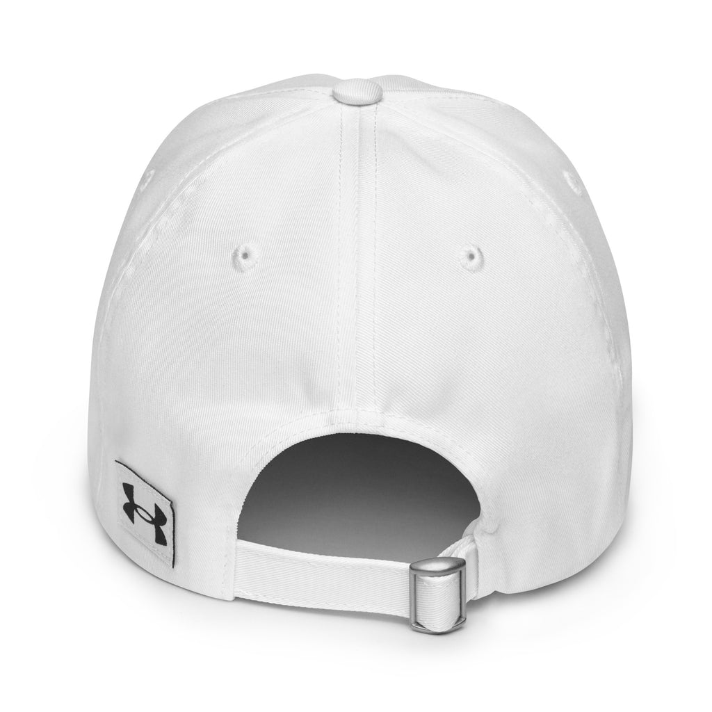 White baseball cap with a brand logo on the back against a white background