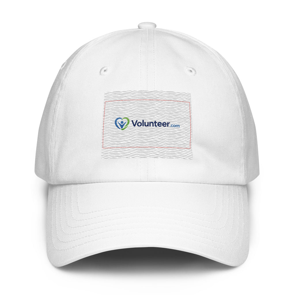 A white baseball cap featuring a rectangular embroidered patch on the front with the Volunteer.com logo in blue and green, outlined with a thin red border, set against a plain white background.