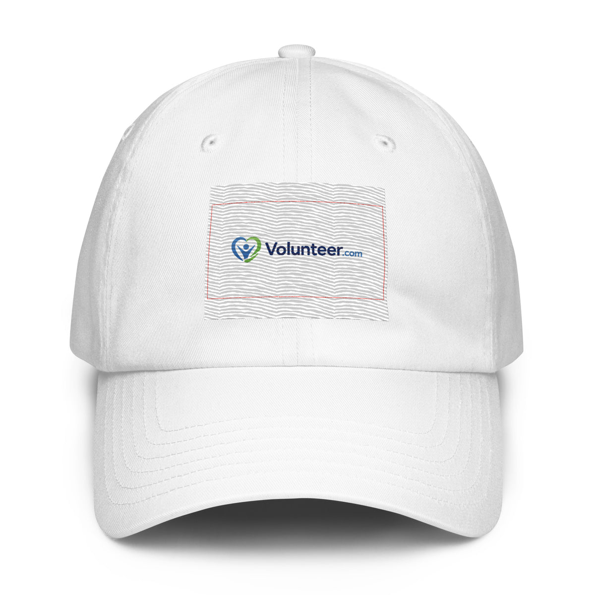 A white baseball cap featuring a rectangular embroidered patch on the front with the Volunteer.com logo in blue and green, outlined with a thin red border, set against a plain white background.