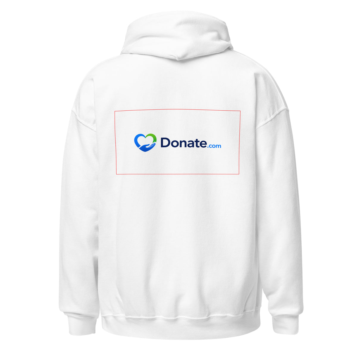 A white pullover hoodie shown from the back, featuring a printed graphic on the upper back with a red rectangular border, a blue and green heart logo, and the text 'Donate.com'.