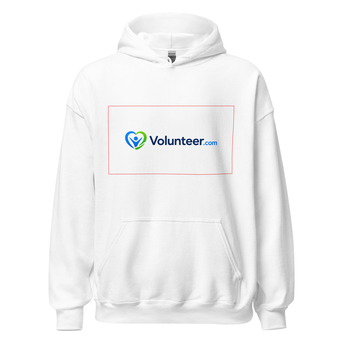 A white pullover hoodie with a front kangaroo pocket and a printed 'Volunteer.com' logo on the chest, displayed on a clean white background.
