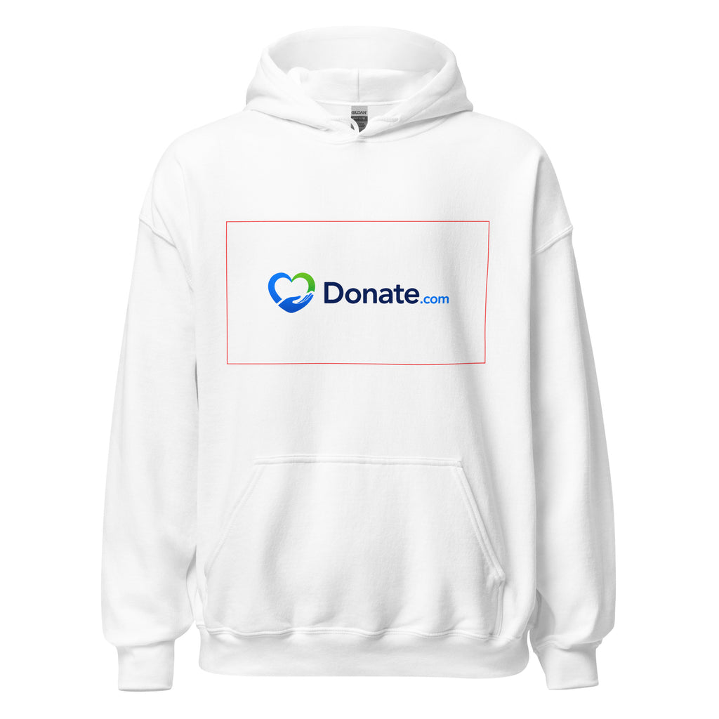 A white pullover hoodie with a front kangaroo pocket and a printed 'Donate.com' logo on the chest, displayed on a clean white background.