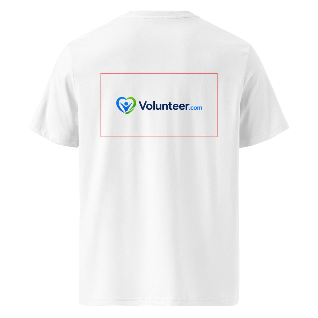 A white short-sleeve t-shirt shown from the back, featuring a printed graphic with a red rectangular border, a blue and green heart icon, and the text 'Volunteer.com'.