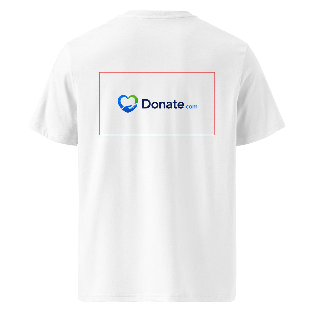 A white short-sleeve t-shirt shown from the back, featuring a red rectangular outline and the 'Donate.com' logo printed in blue and green in the center.