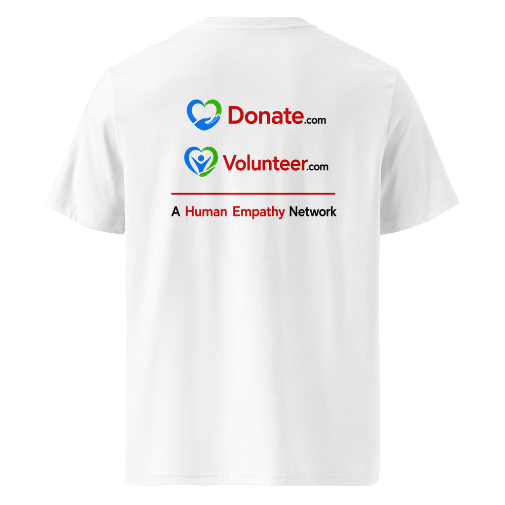 White short-sleeve T-shirt shown from the back, featuring printed logos for Donate.com and Volunteer.com - A Human Empathy Network