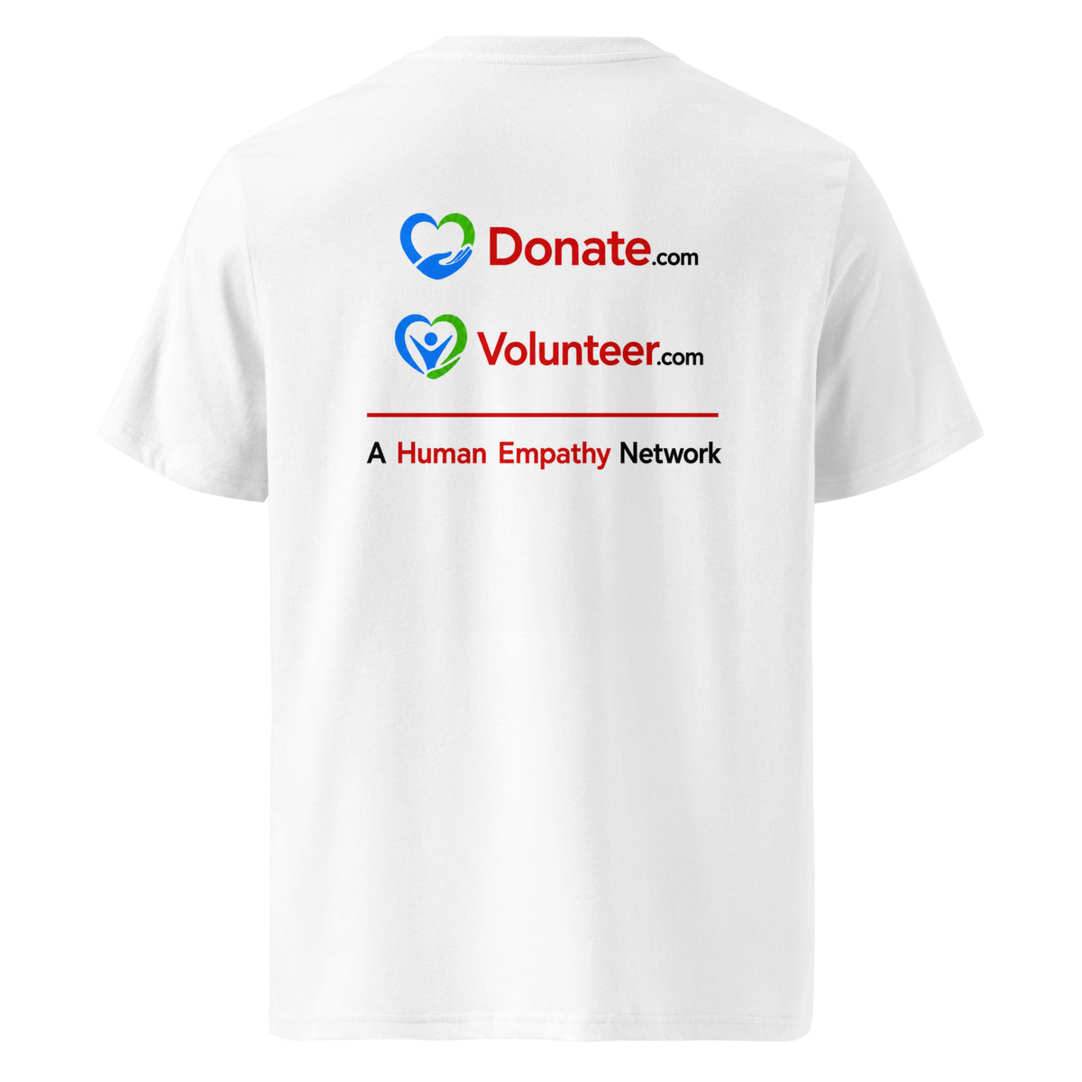 White short-sleeve T-shirt shown from the back, featuring printed logos for Donate.com and Volunteer.com - A Human Empathy Network
