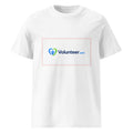 A white short-sleeve crewneck t-shirt featuring a printed graphic on the chest. The graphic displays a red rectangular border enclosing a blue and green heart logo with the text 'Volunteer.