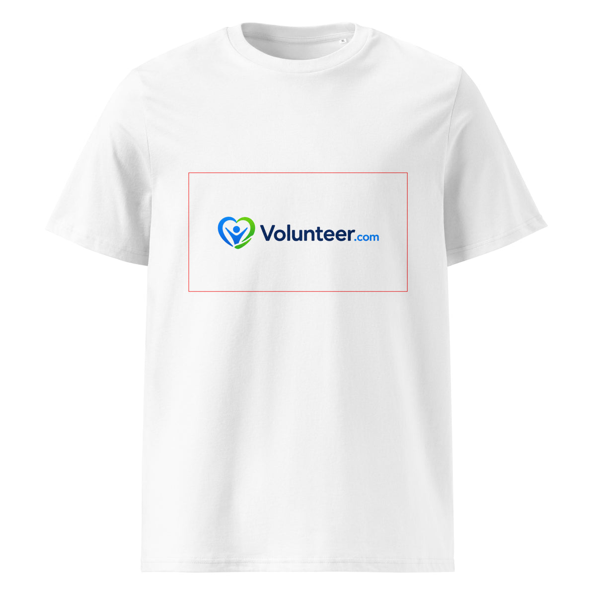 A white short-sleeve crewneck t-shirt featuring a printed graphic on the chest. The graphic displays a red rectangular border enclosing a blue and green heart logo with the text 'Volunteer.