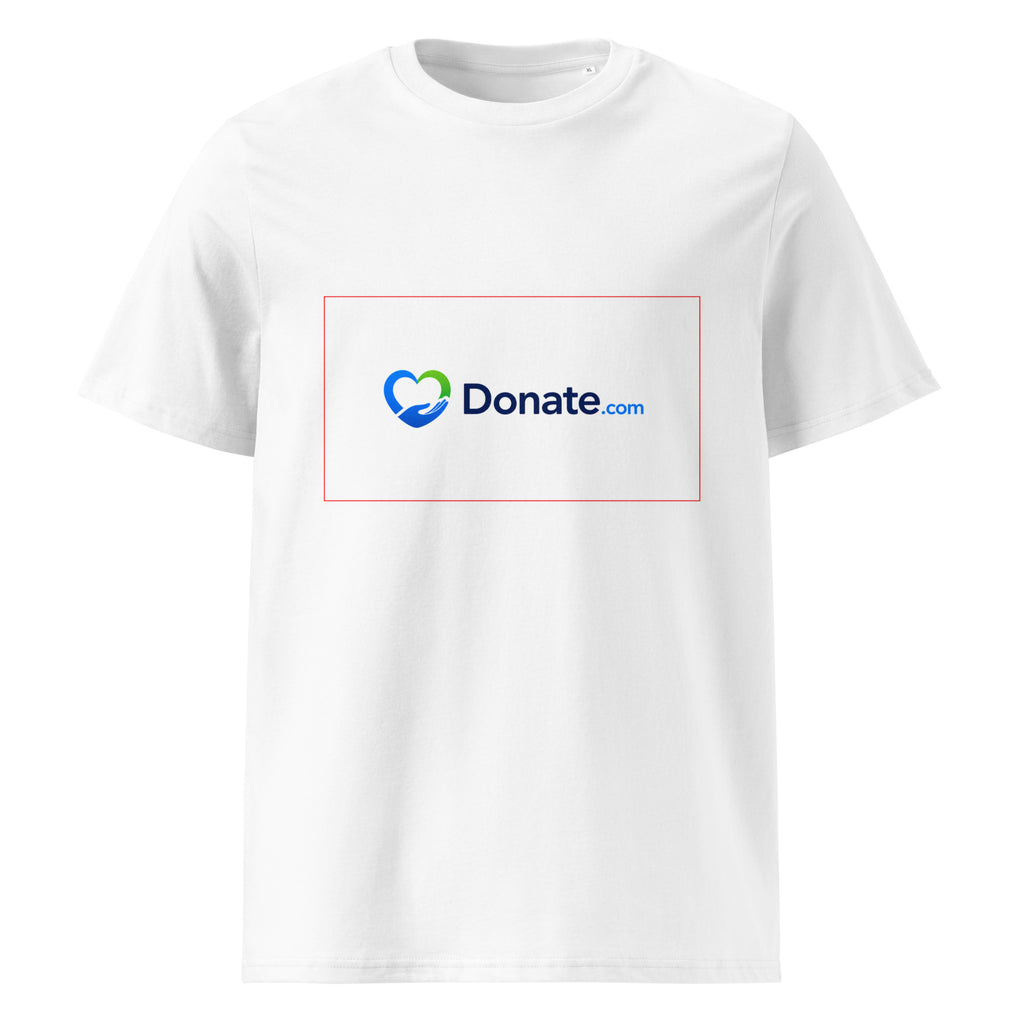 A white short-sleeve crewneck t-shirt featuring a rectangular chest graphic with the Donate.com logo in blue and green, outlined by a thin red border.