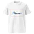 A white short-sleeve crewneck t-shirt featuring a rectangular chest graphic with the Donate.com logo in blue and green, outlined by a thin red border.