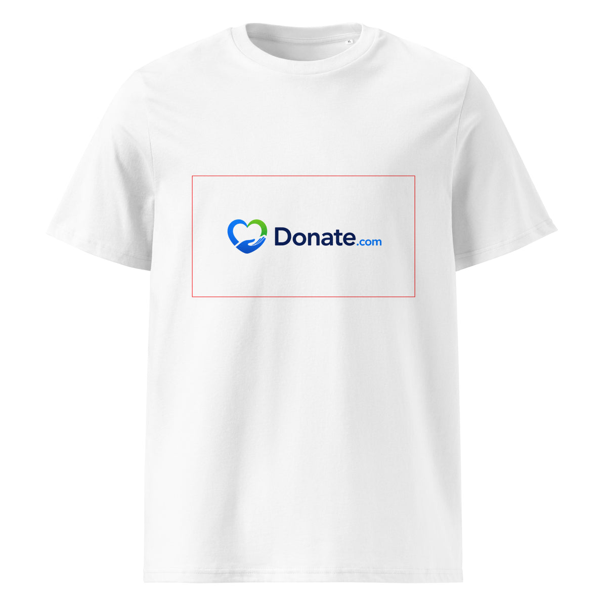 A white short-sleeve crewneck t-shirt featuring a rectangular chest graphic with the Donate.com logo in blue and green, outlined by a thin red border.