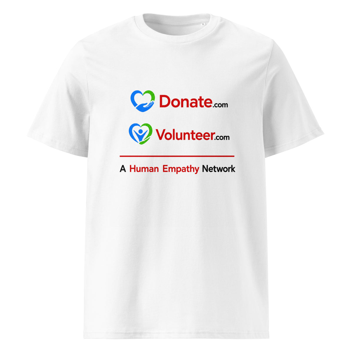 A white short-sleeve crewneck t-shirt featuring a printed graphic on the chest with the Donate.com and Volunteer.com logos - A Human Empathy Network