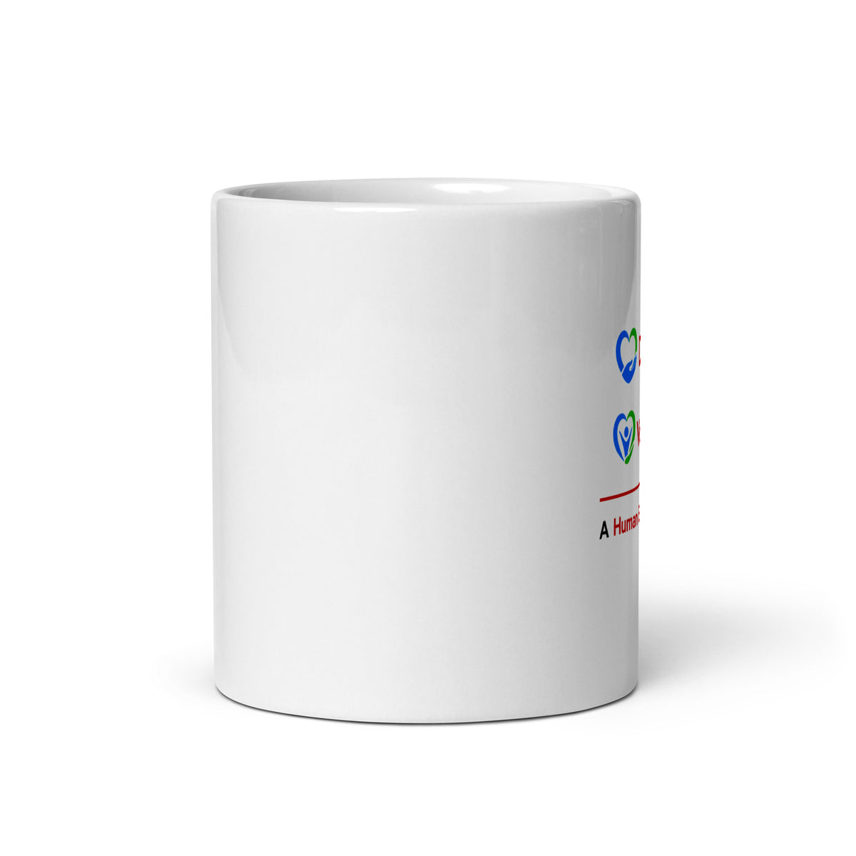 A white ceramic coffee mug with a printed graphic featuring the Donate.com and Volunteer logos - A Human Empathy Network
