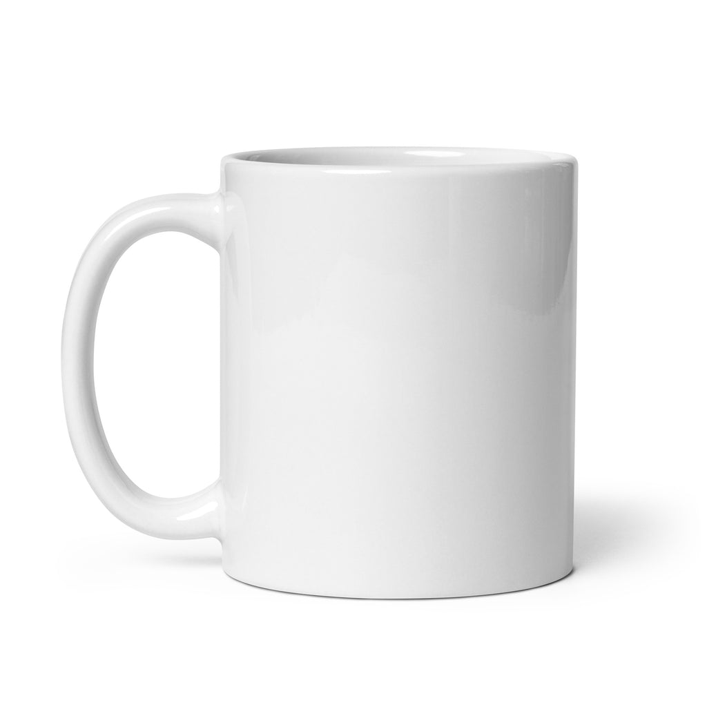 The back - A white ceramic coffee mug with a printed graphic featuring the Donate.com and Volunteer logos - A Human Empathy Network