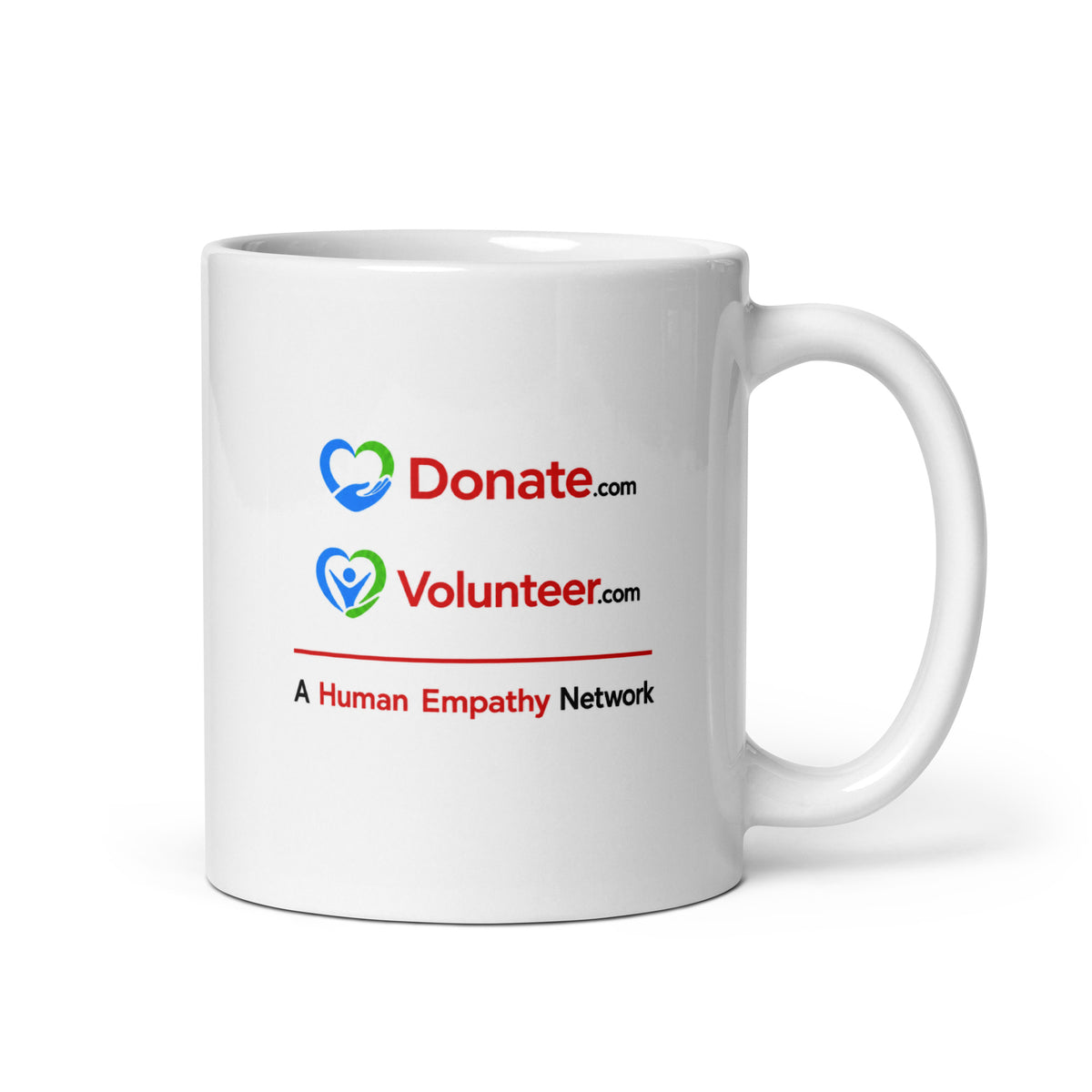 A white ceramic coffee mug with a printed graphic featuring the Donate.com and Volunteer logos - A Human Empathy Network