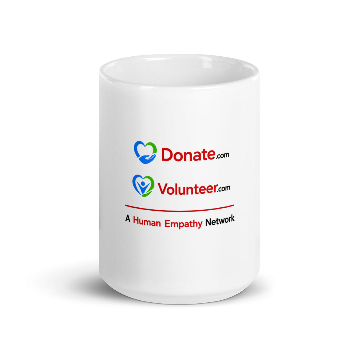 A white ceramic coffee mug with a printed graphic featuring the Donate.com and Volunteer logos - A Human Empathy Network